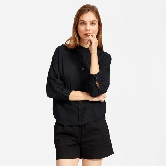 Everlane The Collarless Air Shirt 3/4 Blouson Sleeve Button-Down Blouse Black 10 - Picture 1 of 14
